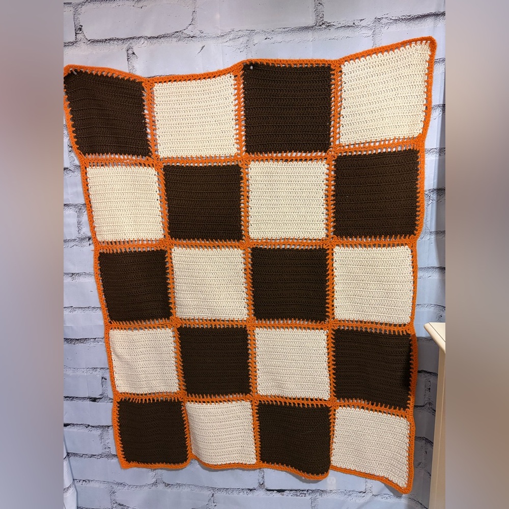 Vintage Checker Board Pattern Afghan Crocheted Blanket Throw 60”x 50”